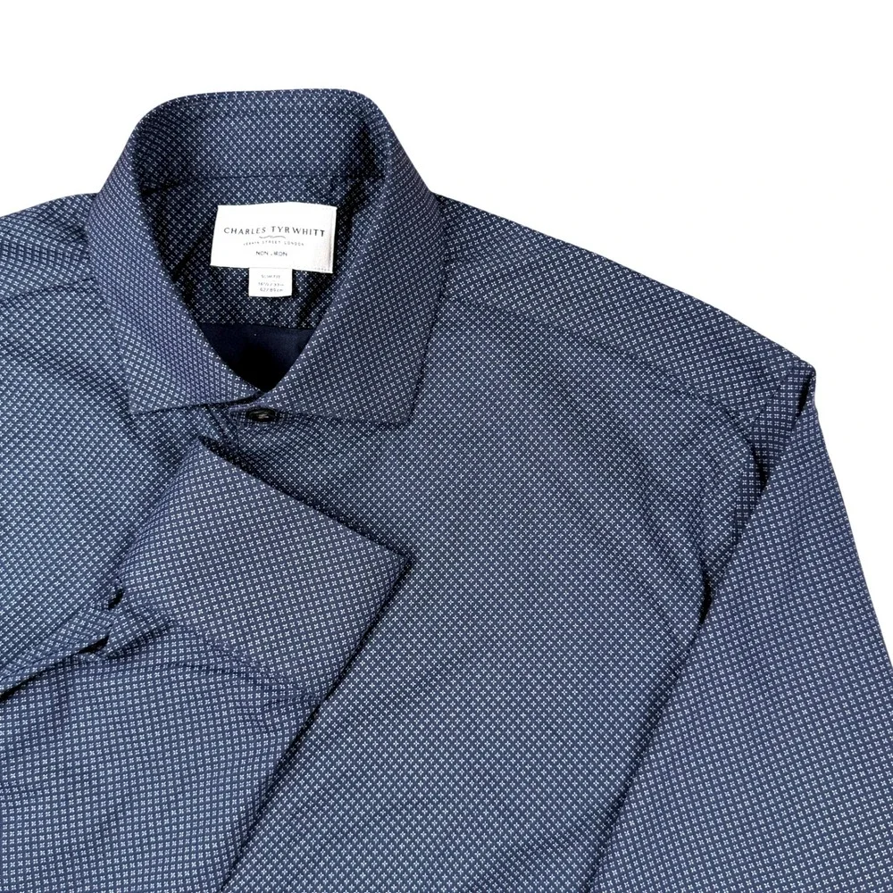 Charles Tyrwhitt Slim Fit Non Iron Dress Shirt Navy Blue Geometric 16.5 33
